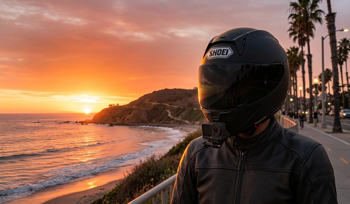 Motociclista con casco Shoei y soporte de mentonera 444 para cámara Insta360 frente al mar al atardecer