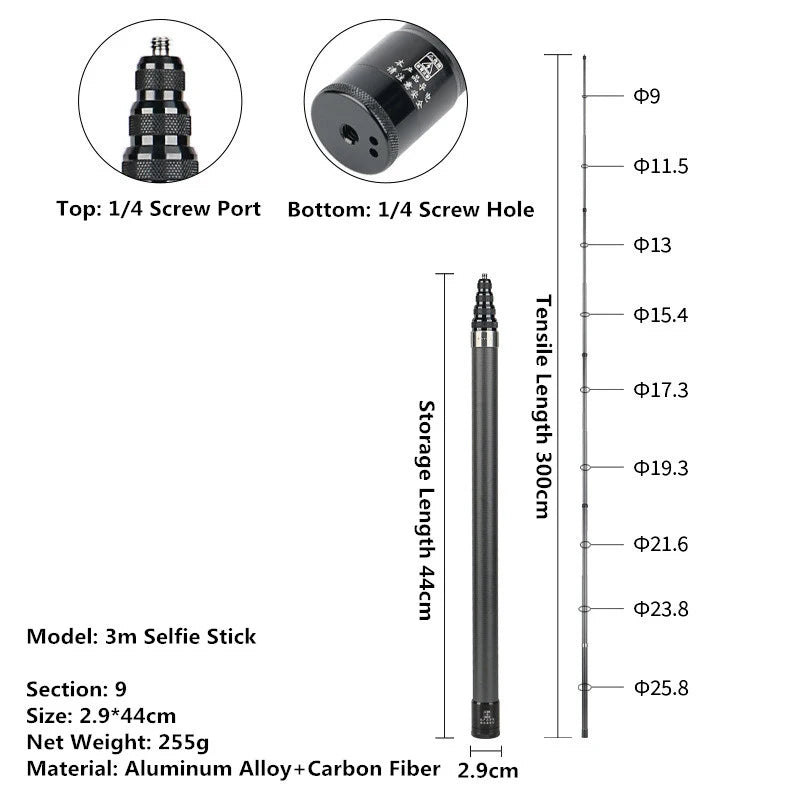 Bastón Selfie diferentes medidas — Compatible con GoPro, Insta360 y DJI